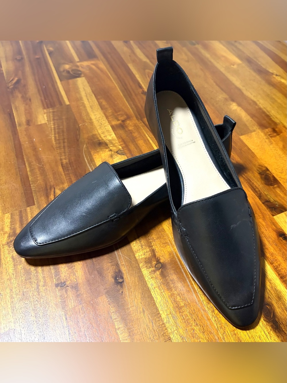 NWT. Aldo Black Pointed-Loafer genuine Leather . Relaxed fit.